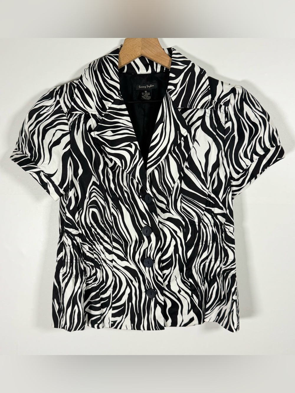 SUNNY TAYLOR Short Sleeve Zebra Print Button Up Smocked Waist Blouse Sz 10